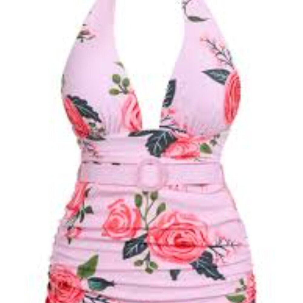 Retro Stage Women's 3XL Belted Pink 1930's Floral Pink Halter Swimsuit Dress